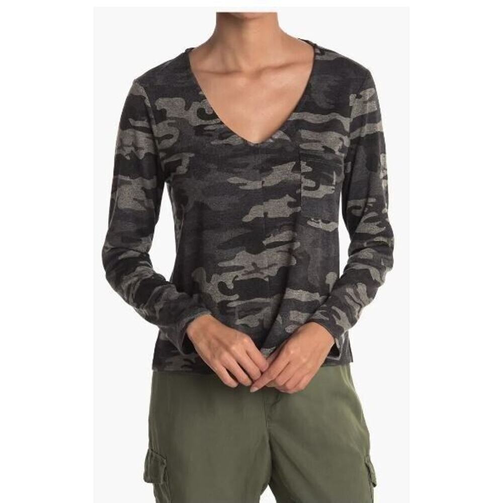 Sanctuary Women's V-Neck Cozy Pocket Sleeve Top in Distressed Camo Medium $89